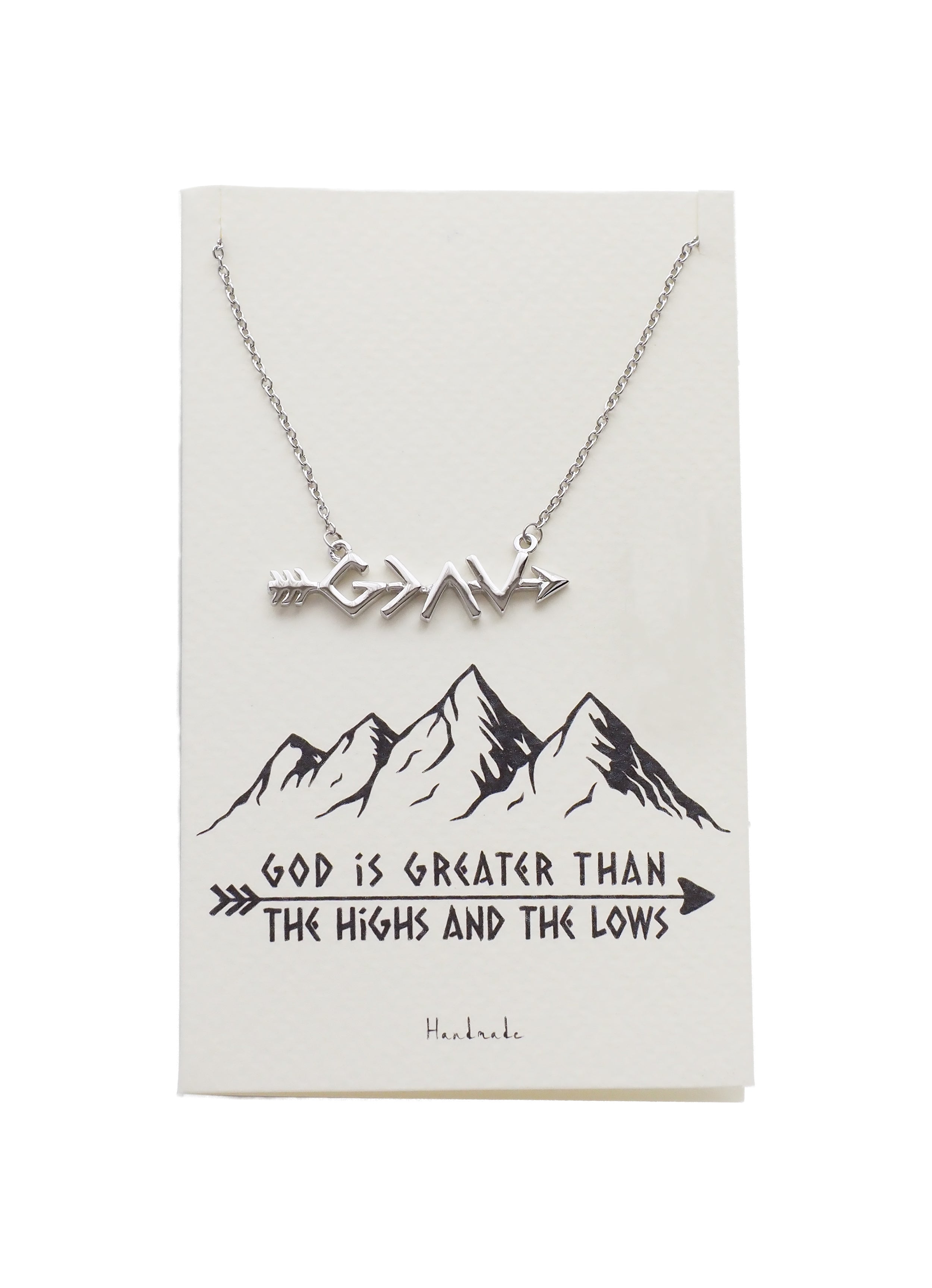 Joyfulle Chloe Arrow and God is Greater High Low Symbols Pendant Bar Necklace, Handmade Gifts for Women with Inspirational Greeting Card, Silver Tone