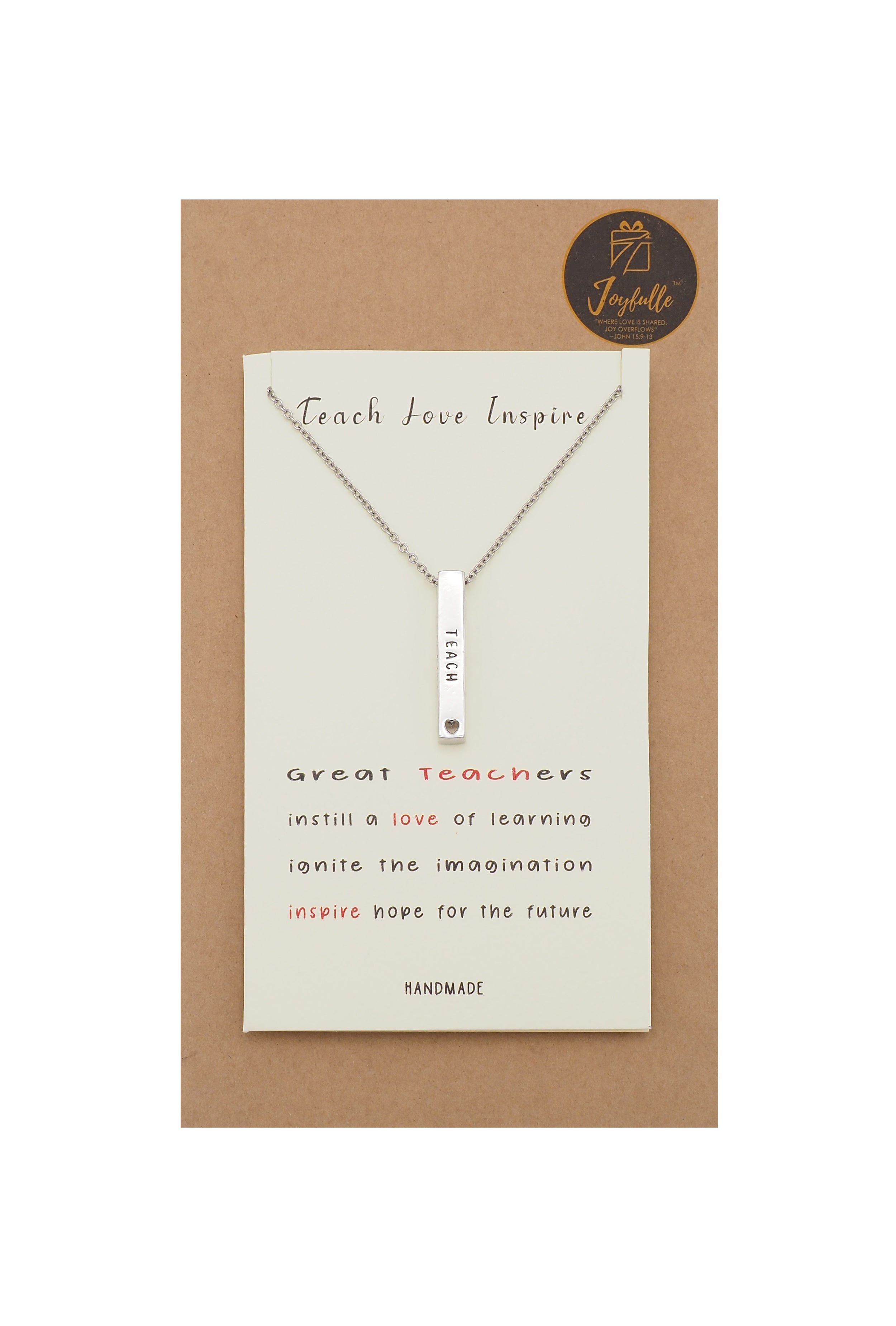 Joyfulle Zina Teach Love Inspire Bar Pendant Necklace, Handmade Teacher Appreciation Gifts for Women with Inspirational Greeting Card