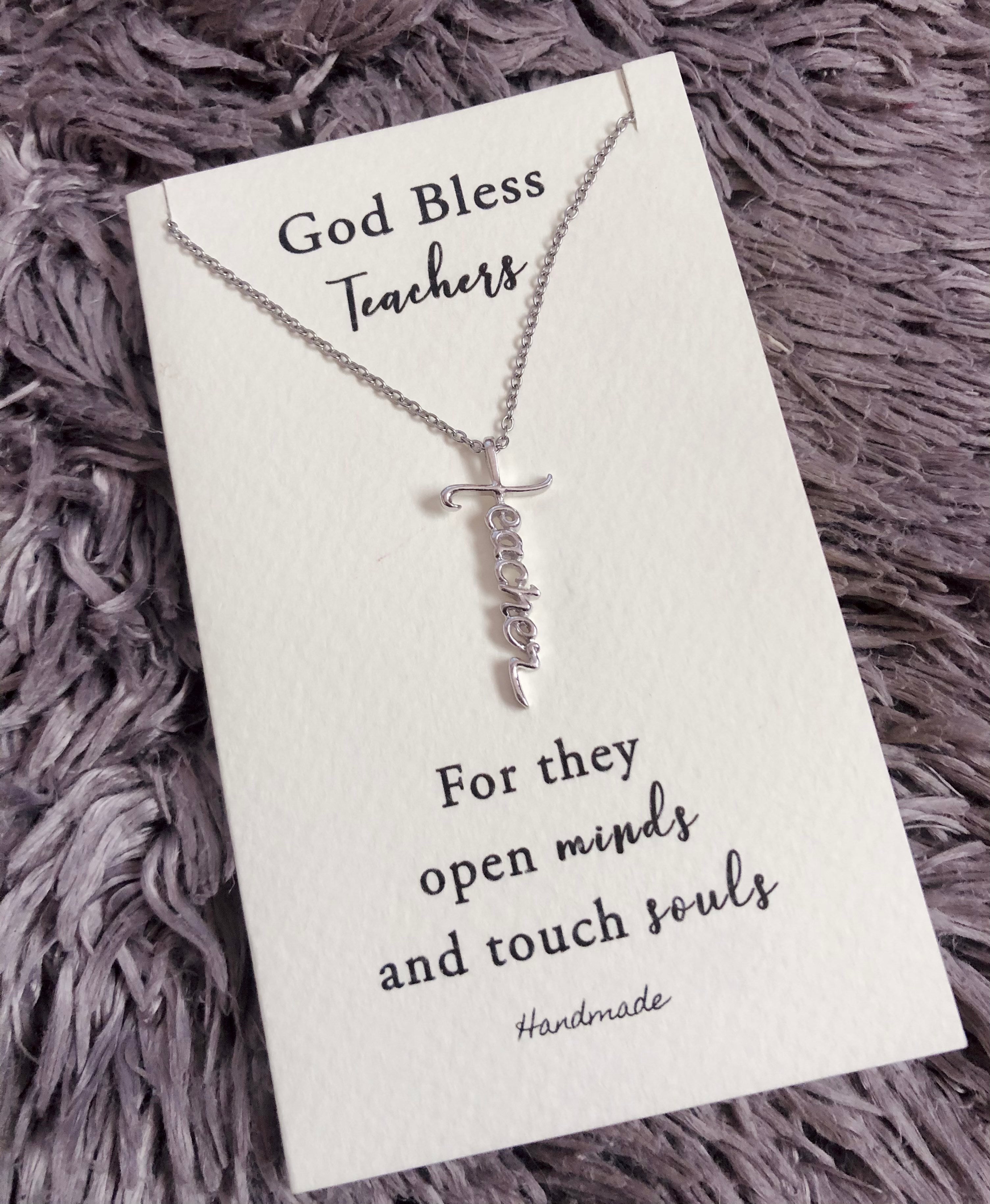 Joyfulle Aaron Teacher Script Pendant Cross Necklace, Handmade Gifts for Teachers with Inspirational Quotes on Greeting Card, Rhodium Plated